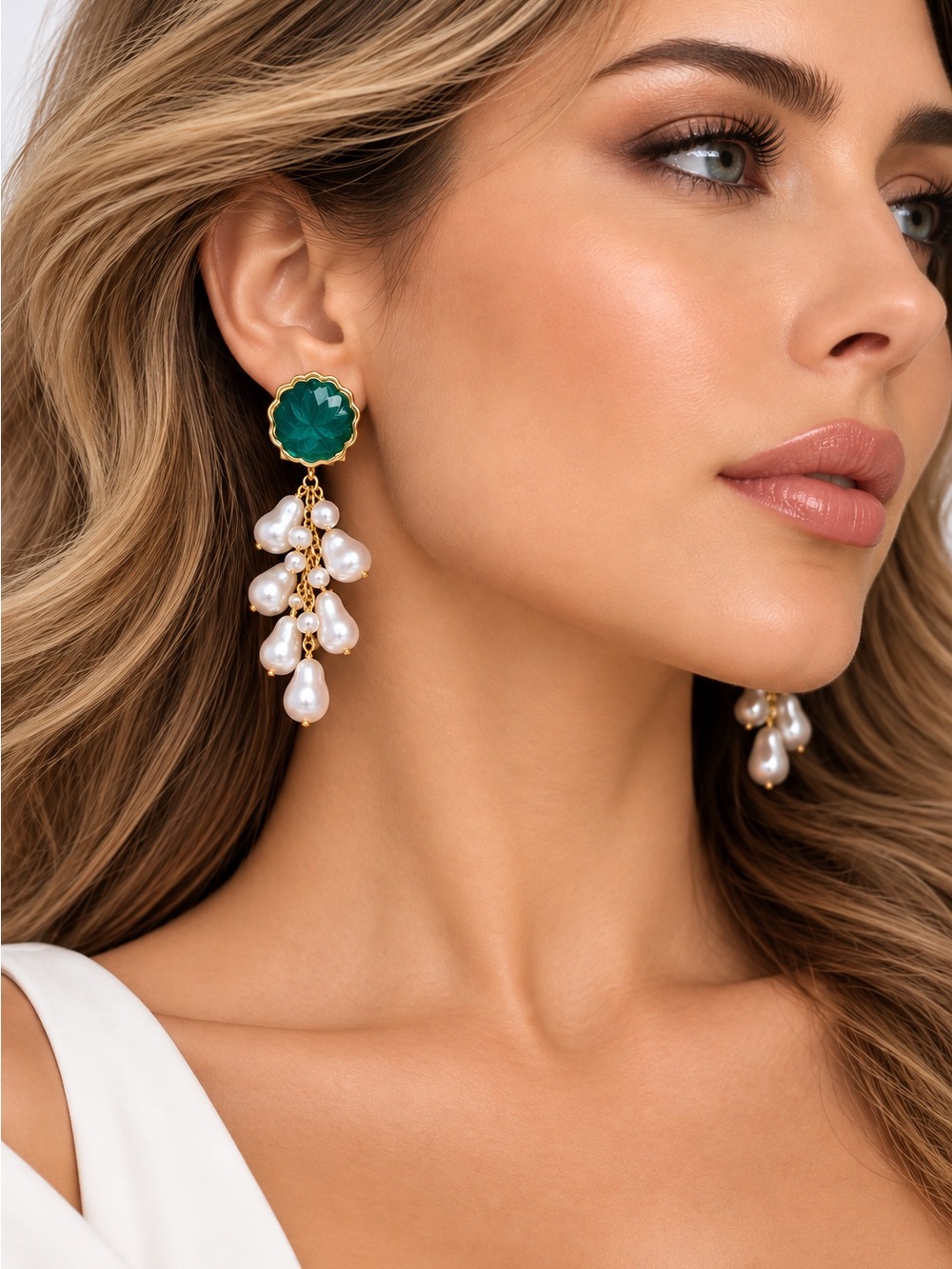Green & Pearl Drop Statement Earrings - Elegant Women's Jewelry